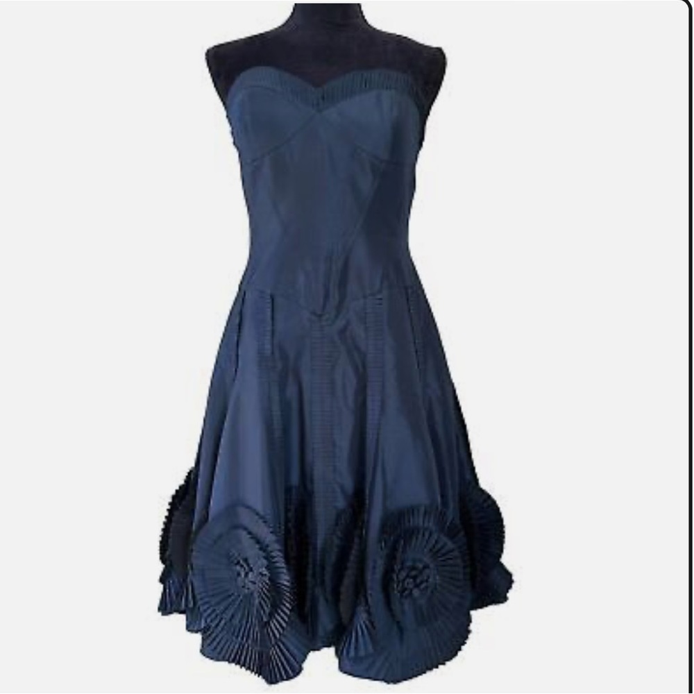 Basix Black Label Strapless Cocktail Dress Womens 6 Blue Metallic Midi Knee - Picture 2 of 13